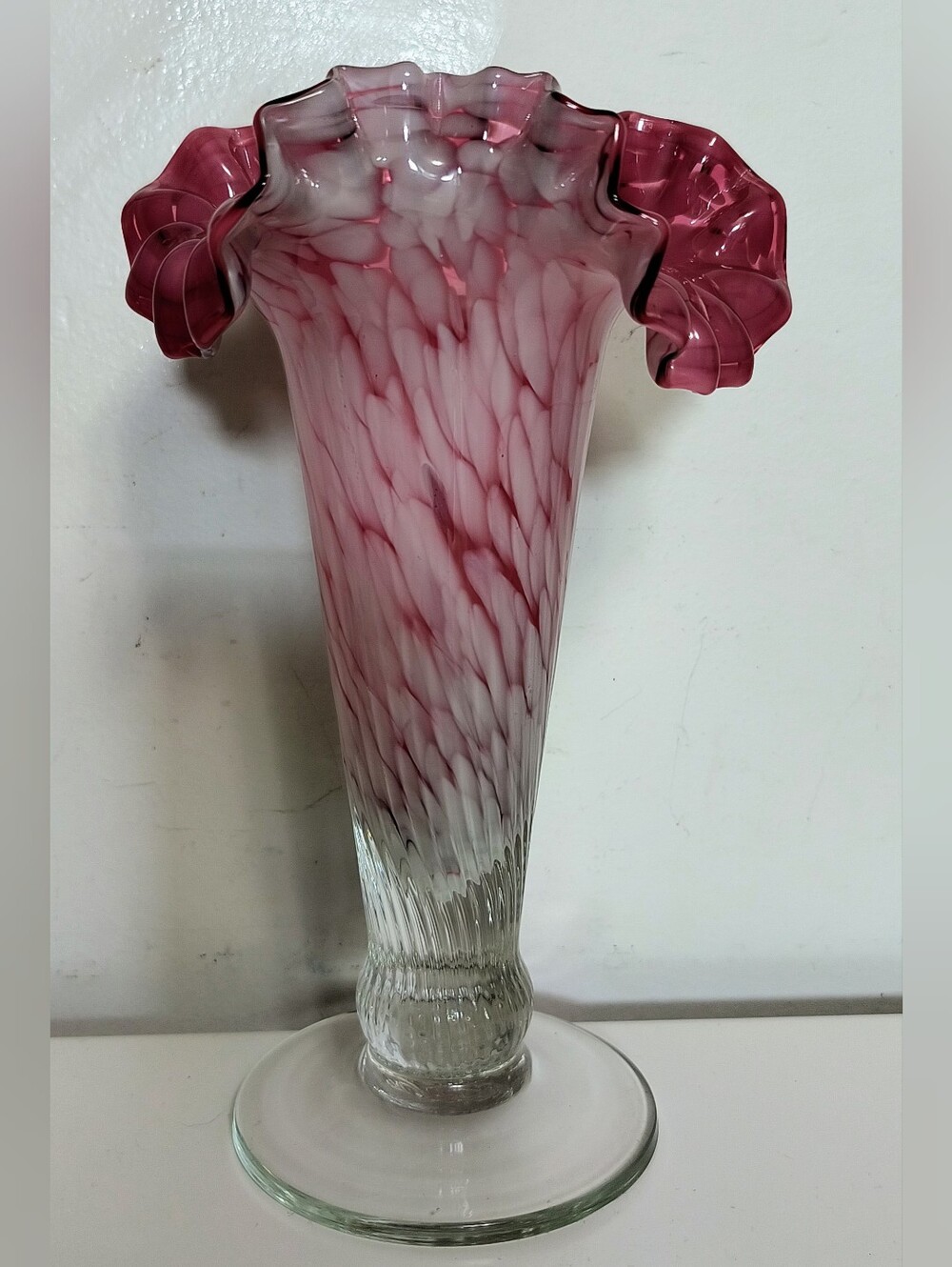 9" Murano Glass Vase Spatter Cranberry Ruffled Rim Hand Blown Mid Centur Vintage